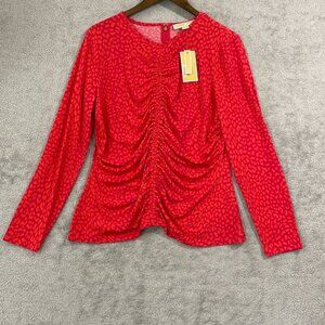 NEW Michael Kors Womens XL Cheetah Ruched Long Sleeve Red  Printed